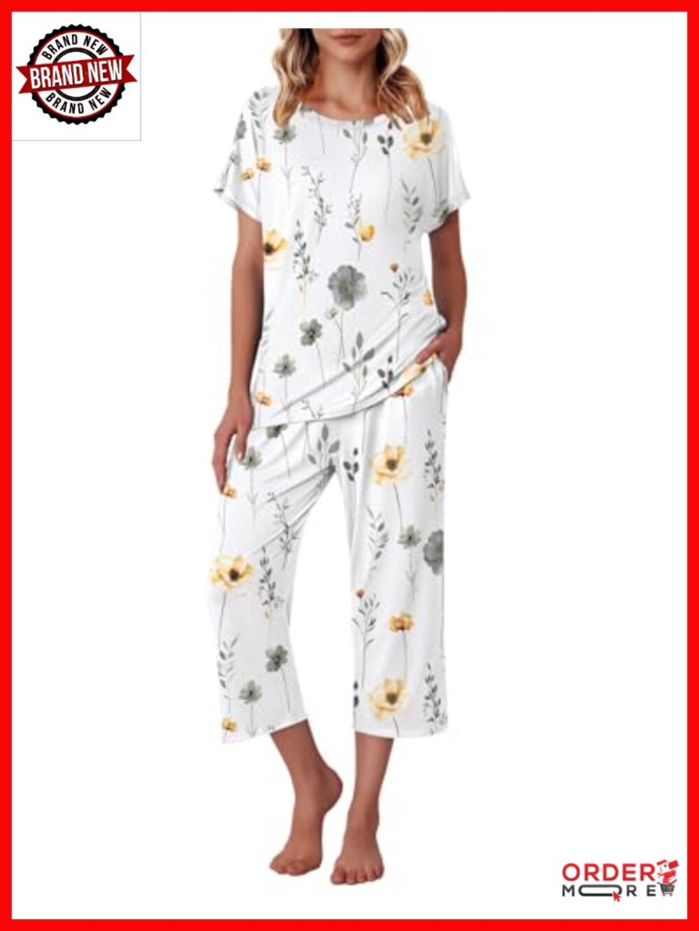 Capri Pajama Set Short Sleeve Top and Pants Soft Breathable Lounge Sleepwear